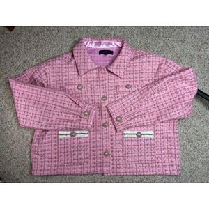 Simply Southern Pink Tweed Jacket XXL Gold Metallic Pearl Button Blazer